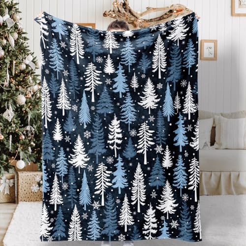 Dark Blue Christmas Throw Blanket Snowflake Tree Fleece 50x60 Inches - Cozy Holiday Gift