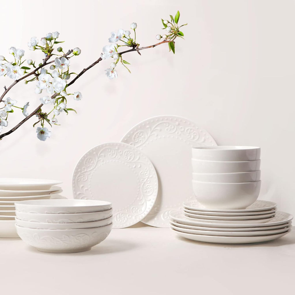 Artena Ceramic Pasta Bowls - 32oz Large Salad Bowls Set of 4 | White Embossed, Microwave & Dishwasher Safe