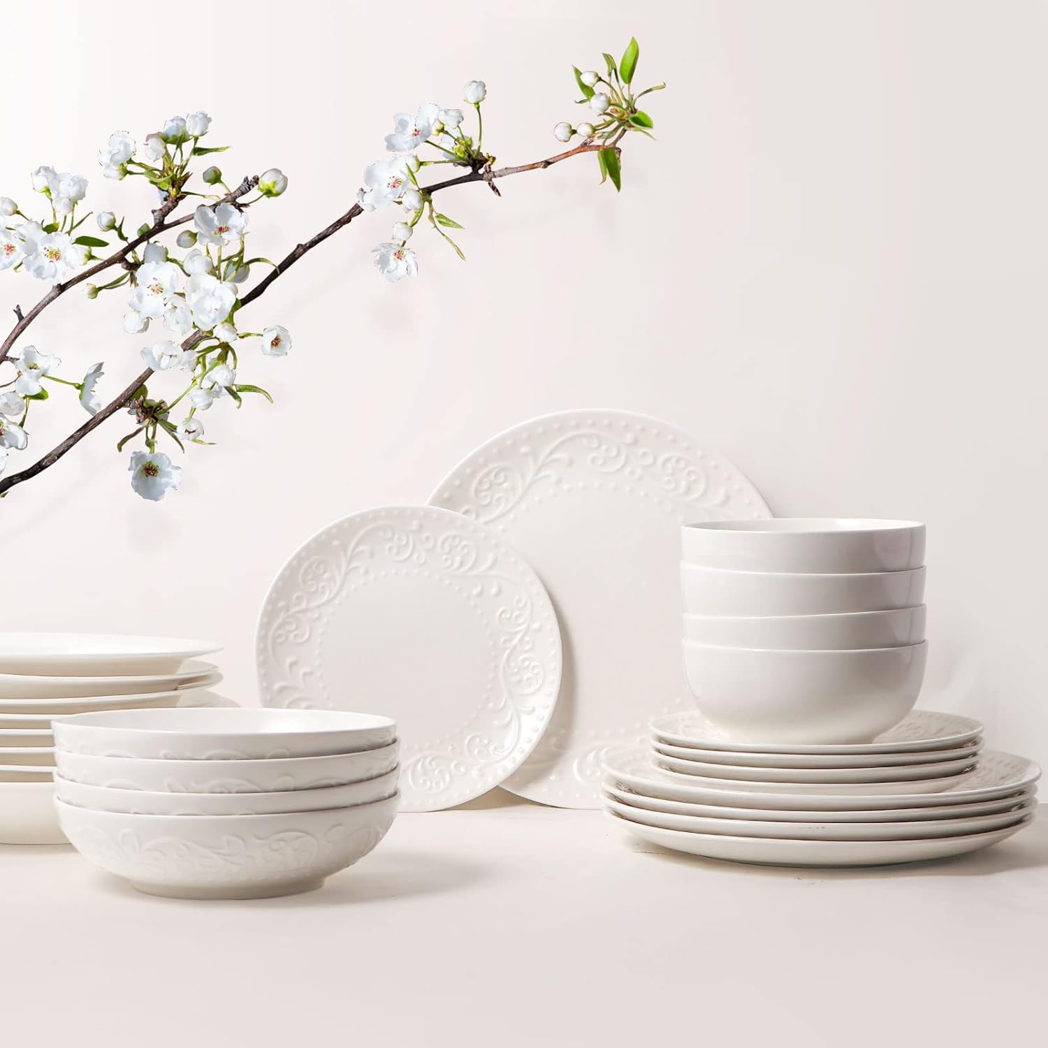 Artena Ceramic Pasta Bowls - 32oz Large Salad Bowls Set of 4 | White Embossed, Microwave & Dishwasher Safe