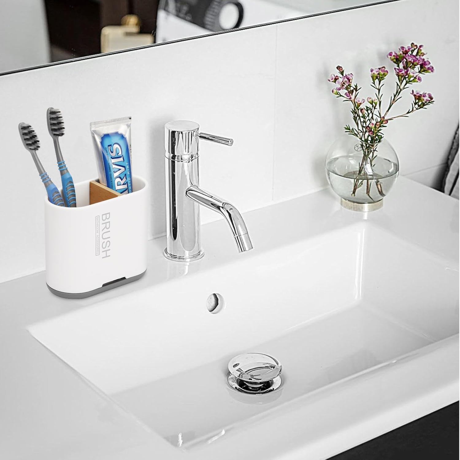Skiennix Toothbrush Holder - Bamboo Divider Bathroom Organizer with Detachable Design | 2 Slots, White