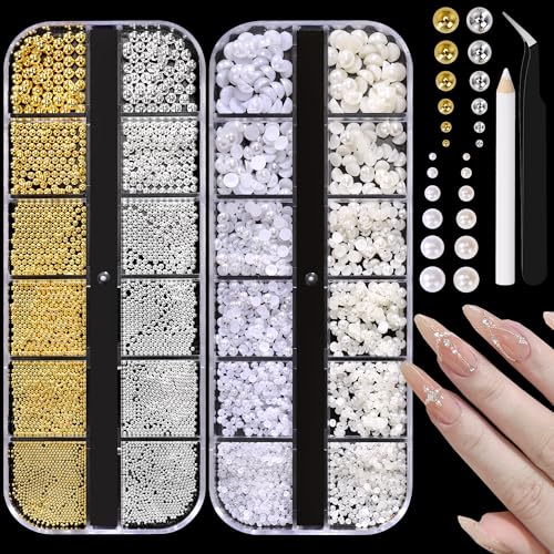 COOSLIM Nail Art Pearl and Metal Caviar Bead Kit with Adhesive Gel