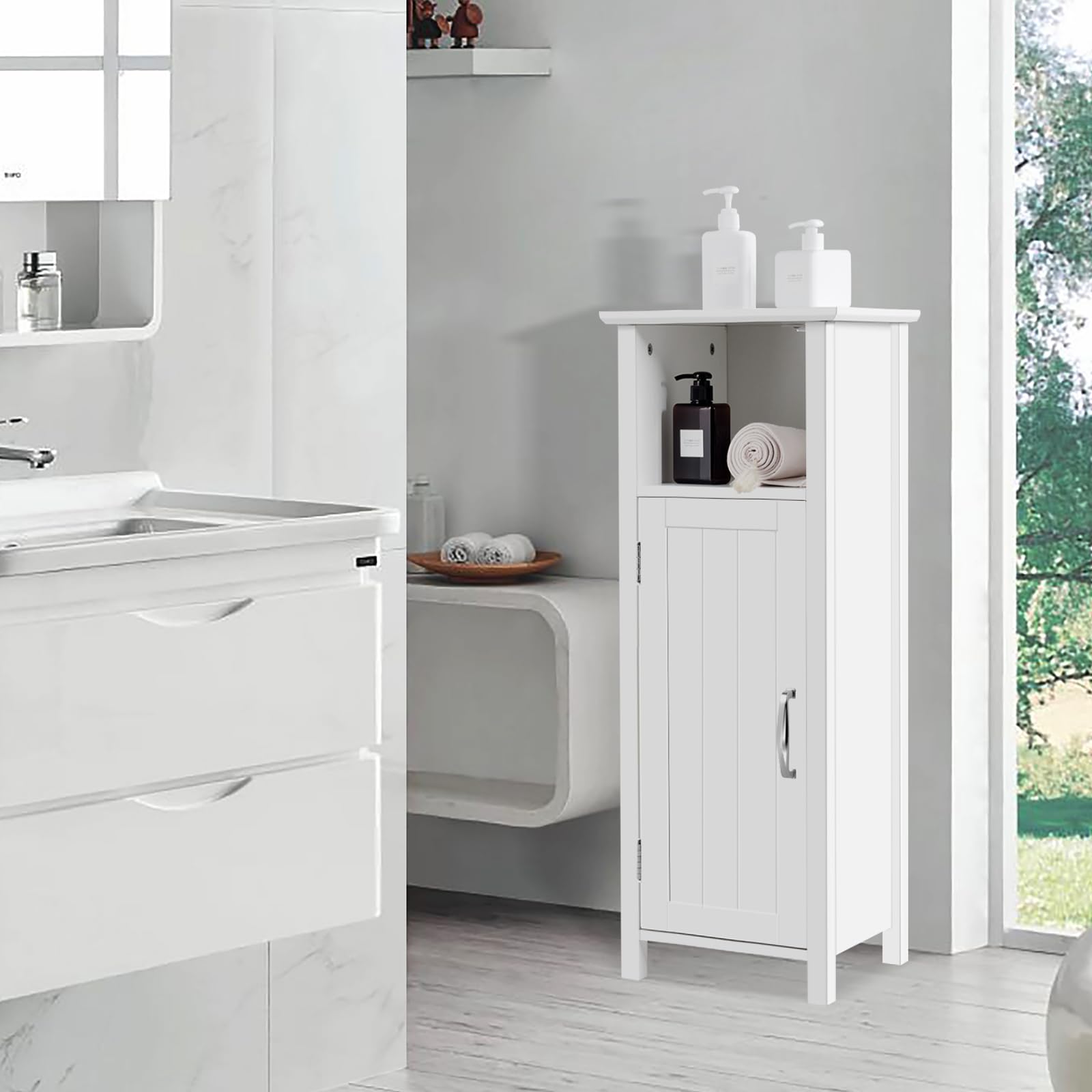 COSTWAY Bathroom Storage Cabinet, Freestanding Narrow Storage Organizer with Open Shelf & Adjustable Shelf, Small Slim Floor Cabinet for Bathroom, Living Room, Entryway, Office, White