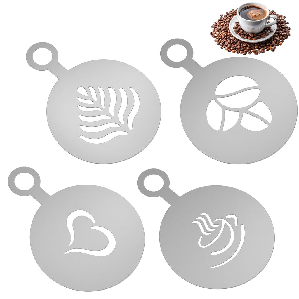 Guduling 4 Pcs Latte Art Stencils,Coffee Stencils Latte Art,Coffee Stencil with Various Patterns for Cappuccino Lattes Cake Decorating Coffees Shop and Home Use(Silver)