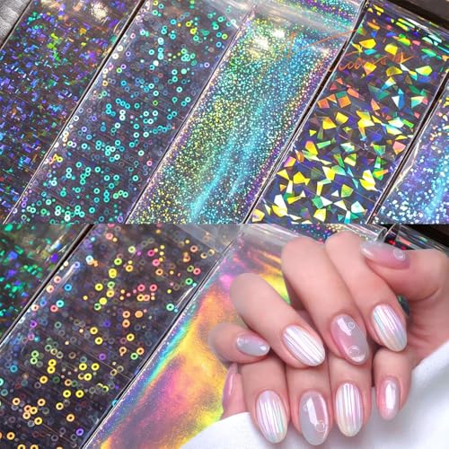 Aurora Nail Foil Transfer Stickers Set - 10 Rolls Holographic Laser Star & Water Ripple Manicure Decals