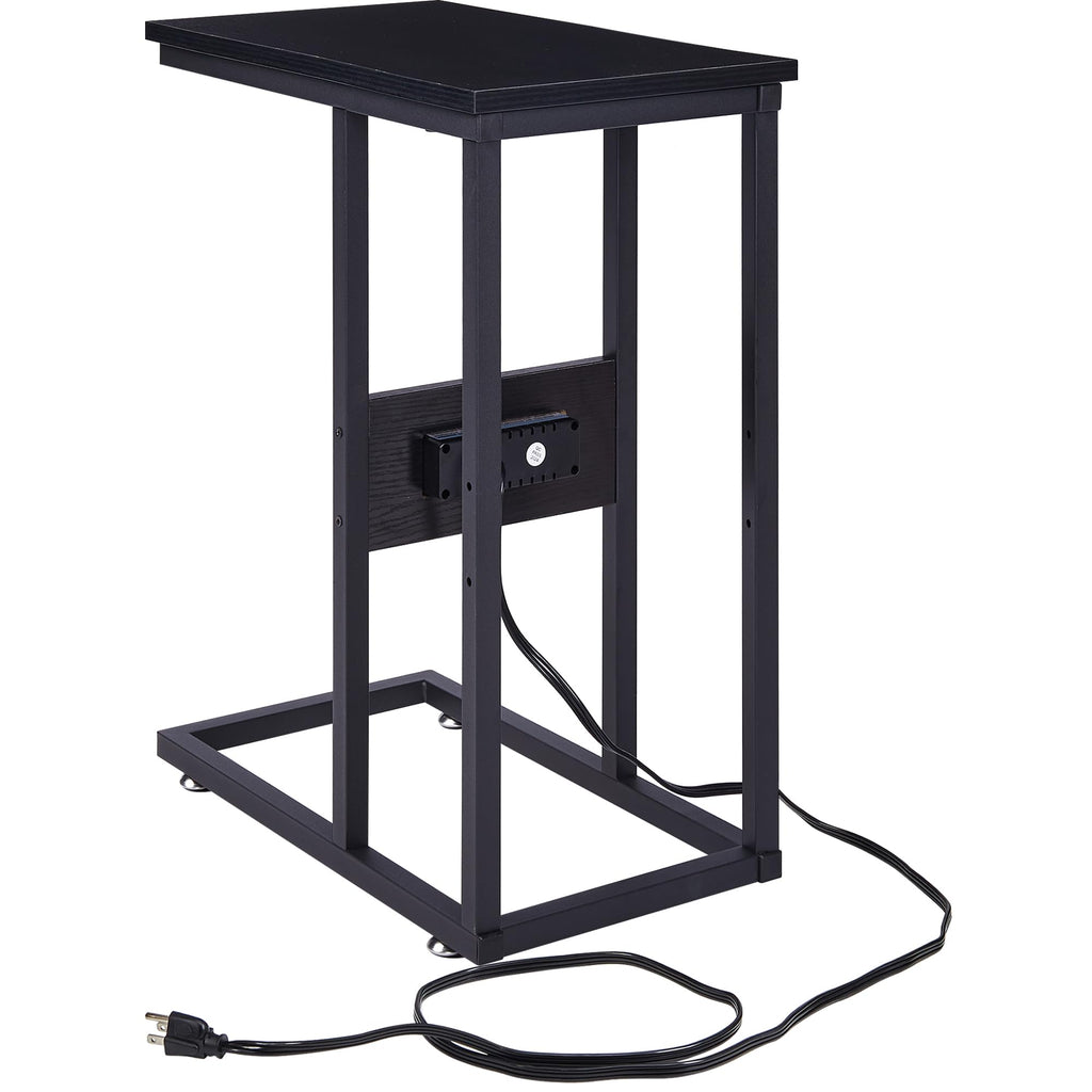VECELO C Shaped End Side Table with Charging Station & Power Outlets for Couch Sofa/Bed, Snack TV Tray with Metal Frame for Living Room Bedroom 1 Set, Black