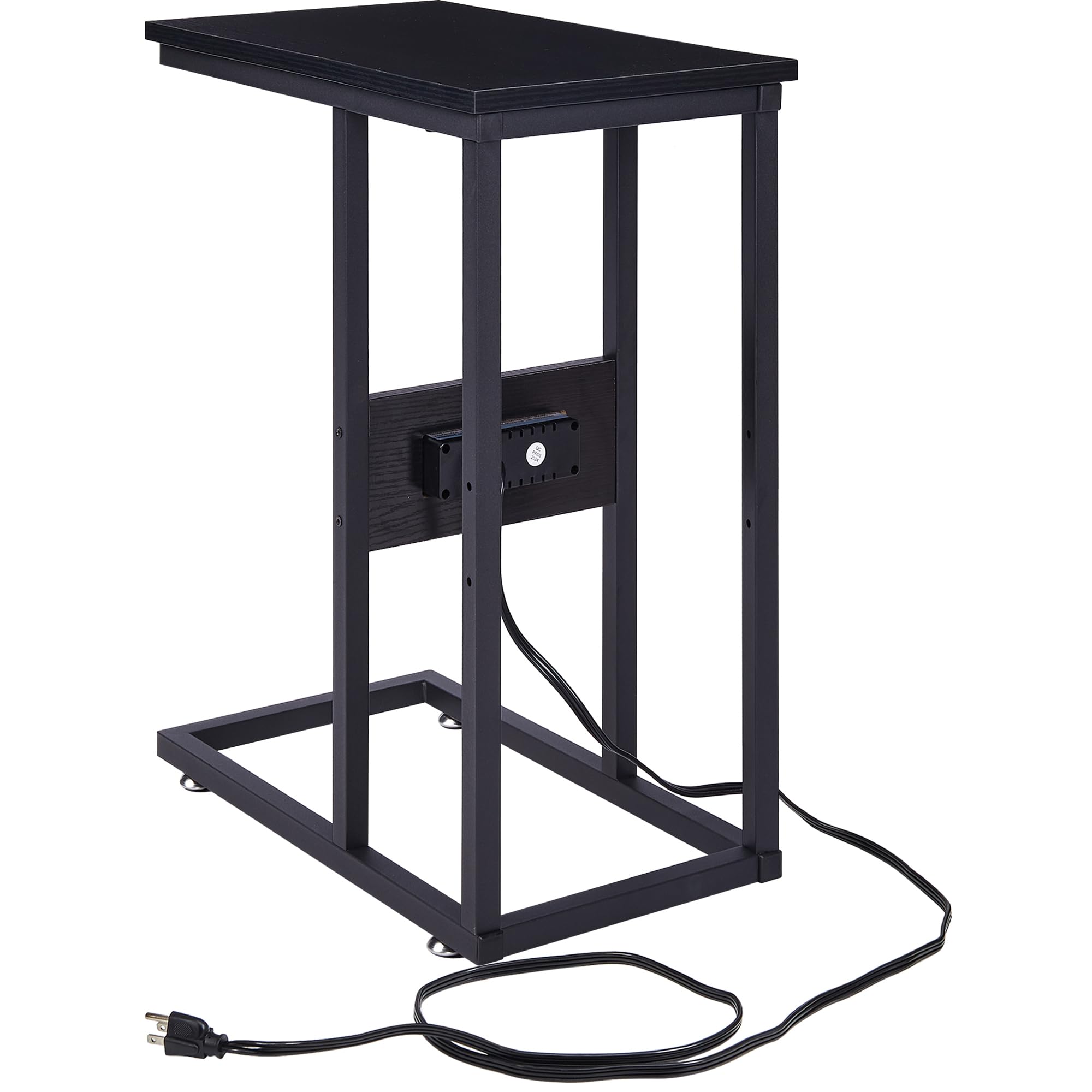 VECELO C Shaped End Side Table with Charging Station & Power Outlets for Couch Sofa/Bed, Snack TV Tray with Metal Frame for Living Room Bedroom 1 Set, Black
