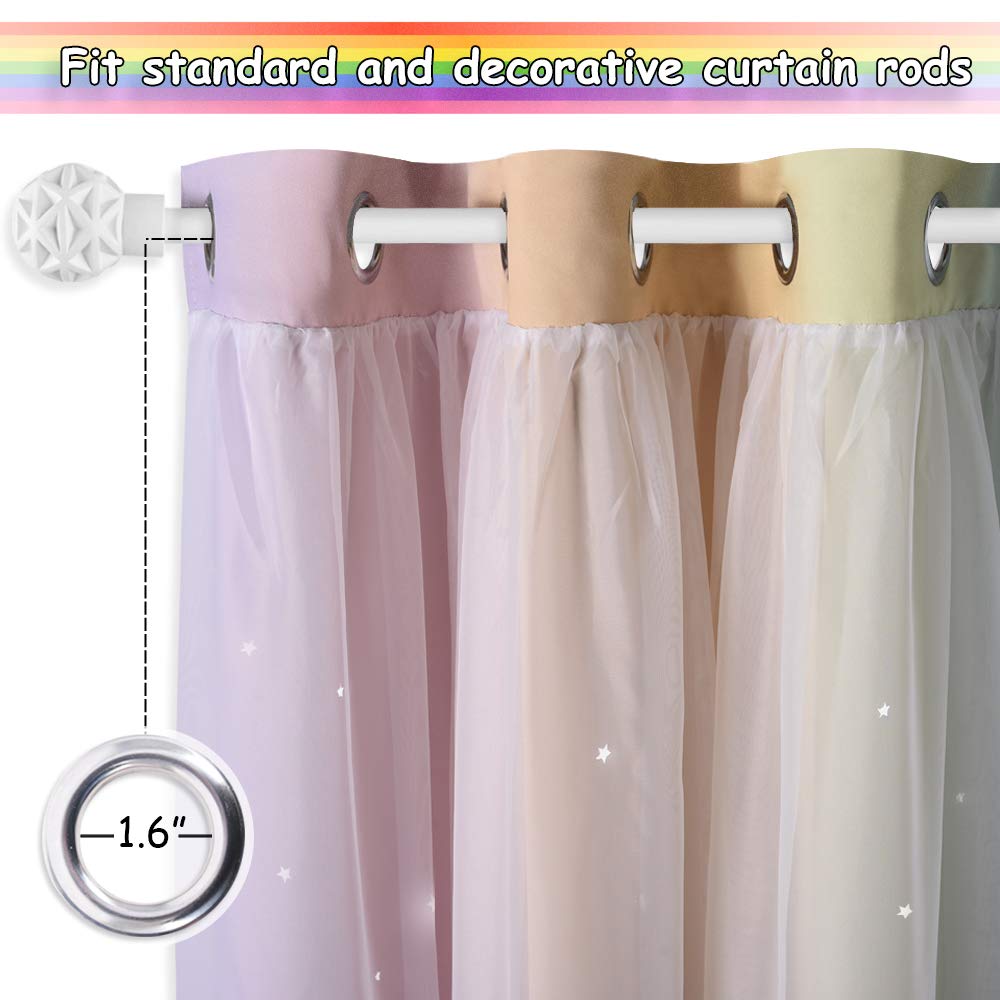 NICETOWN Rainbow Star Curtains for Girls Bedroom, Double Layer Colorful Stripes Kids Blackout Curtains Plus White Sheer Livingroom Window Curtains for School Classroom (Rainbow, W52 x L84, Sold by 2)