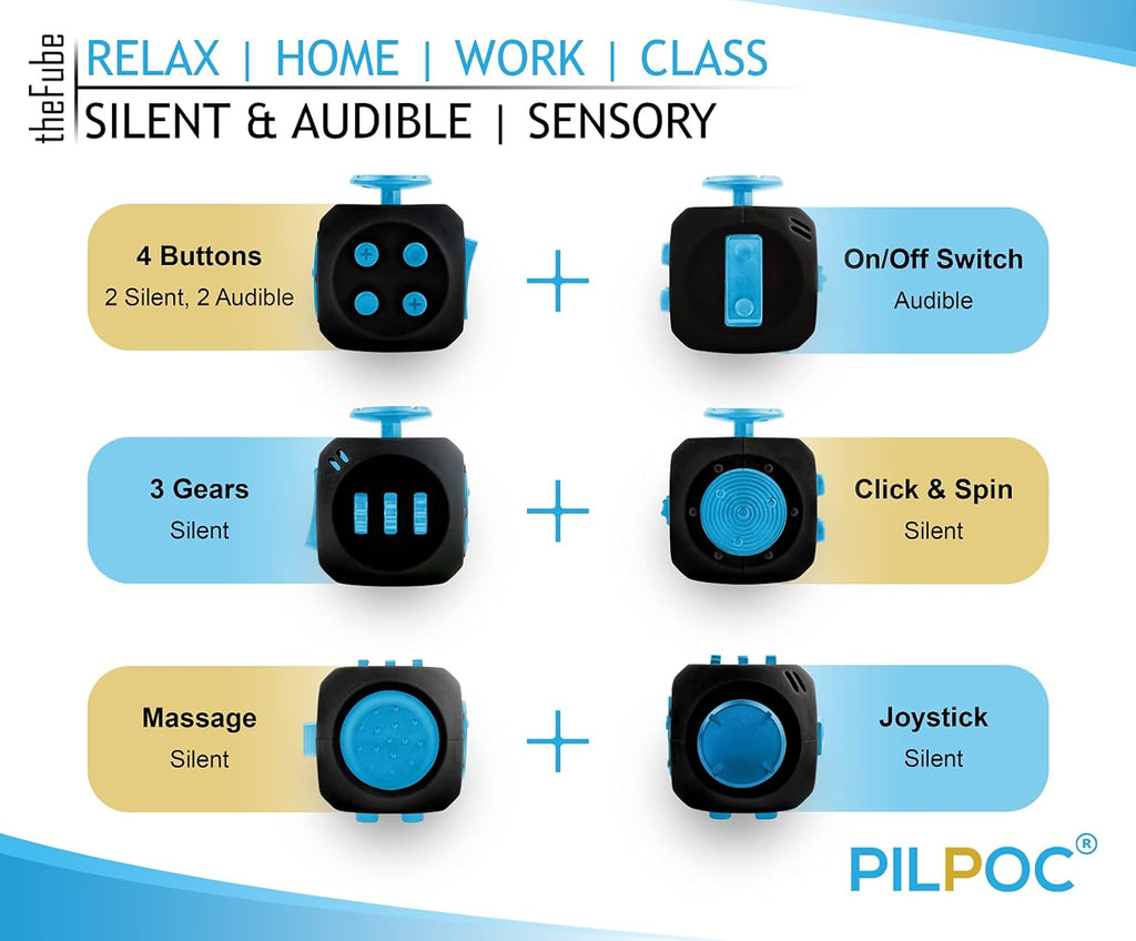 PILPOC Fidget Cube - 6-Sided Stress Relief Toy for Adults & Kids | Boosts Concentration & Mindfulness (Midnight)