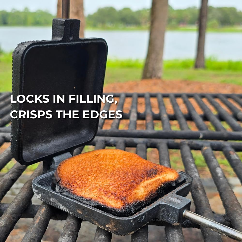 SUMPRI Pie Iron Set – Large Cast Iron Sandwich Maker for Camping, 3-Piece Camp Pie Cooker, Campfire Grilling & Outdoor Cooking Equipment
