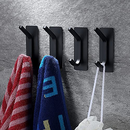 YIGII Black Adhesive Towel Hooks - Heavy Duty 4-Pack Stainless Steel