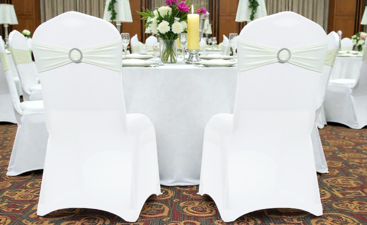 MDS Spandex Chair Sashes - Premium Stretch Covers with Buckle Slider | Universal Fit for Weddings & Events - Ivory (Pack of 50)
