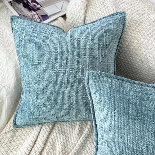 Teal Chenille Throw Pillow Covers Set of 2 - 16x16 Decorative Cushions
