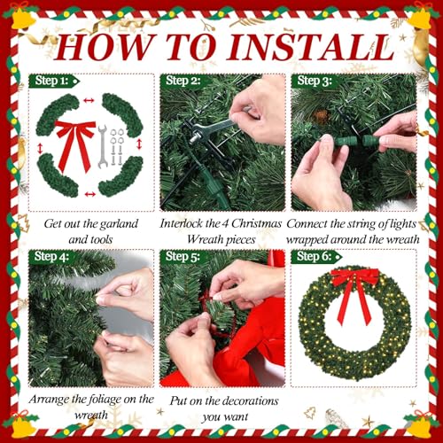60 Inch Prelit Christmas Wreath with 300 Warm White LED Lights - Outdoor Indoor Holiday Decor