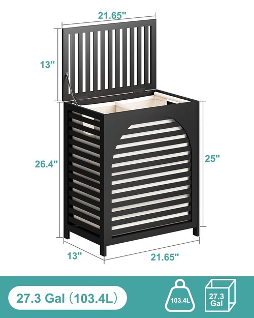 Black Laundry Hamper, Laundry Hamper with Lid, 27.3 Gallon (103L) Bamboo Wood Clothes Laundry Basket with Lid and Handles, Removable Liner