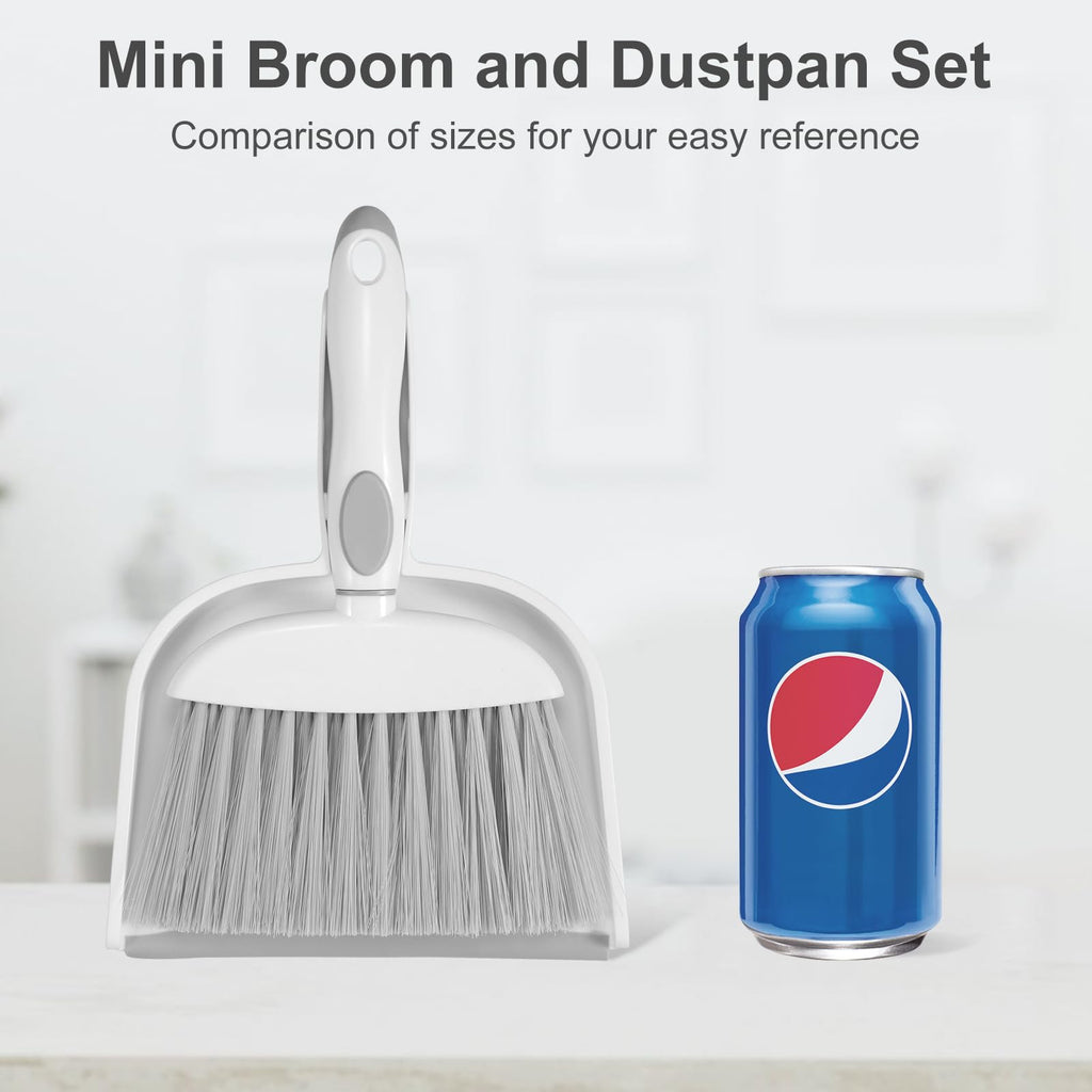 NACENA Small Dust Pan and Brush Set, Mini Broom and Dustpan Set Small Hand Broom and Brush Combo Dust Pan with Teeth for Home Cleaning Drawers Desktop Sofas and Outdoor, White & Gray