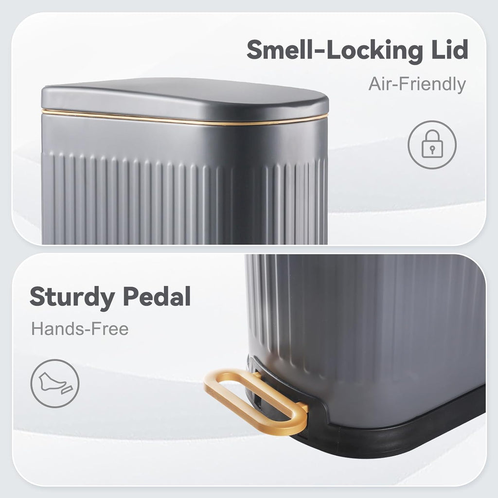 SYNCVIBE Slim Bathroom Trash Can - Soft Close Lid & Removable Inner Bucket | Matt Grey, 3.5 Gallons
