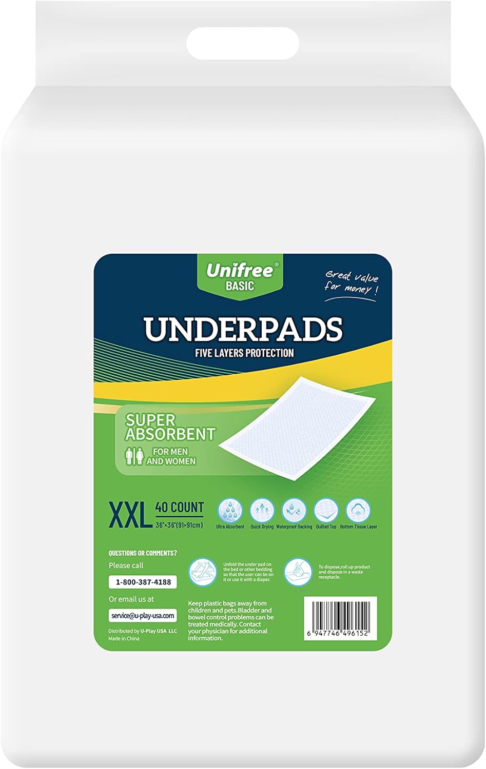 Unifree Disposable Underpads - Super Absorbent Incontinence Bed Pads | 40 Count, XXL 36x36 Inch, Blue
