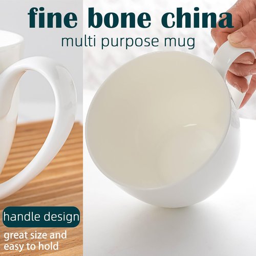 White Large Bone China Coffee Mugs Set of 6, 22 OZ Over 45% Bone China Content Oversized Porcelain Mugs for Cereal, Lightweight Soup Cups with Handles for Salad Tea, Hot Chocolate Cocoa Modern Design