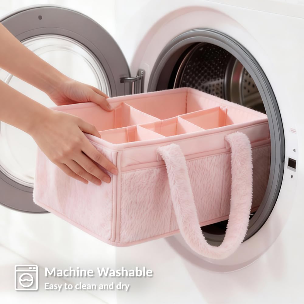 Skiennix Soft Baby Diaper Caddy Organizer - Portable Nursery Storage Basket with Removable Divider | Light Pink
