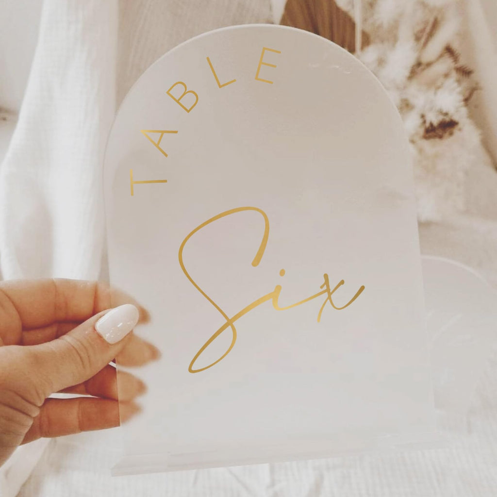 JINMURY Frosted Arch Wedding Table Numbers 1-30 with Stands, 5x7 Inch Acrylic Arch Sign with Golden Lettering, Frosted and Gold Table Numbers for Wedding Reception