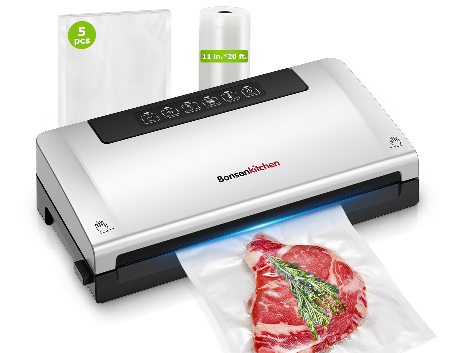 Bonsenkitchen Vacuum Sealer Machine, Built-in Cutter | Bag Storage, Multifunctional Food Sealer for Sous Vide & Meal Prep, 1 Roll Bag & 5 Pre-Cut Bags, Silver