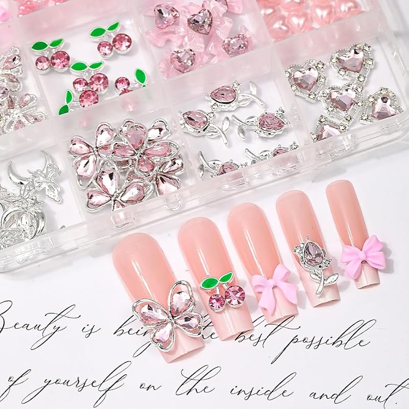 110Pcs Pink Bow Flower Nail Charms Rhinestone 3D Alloy Art Decor