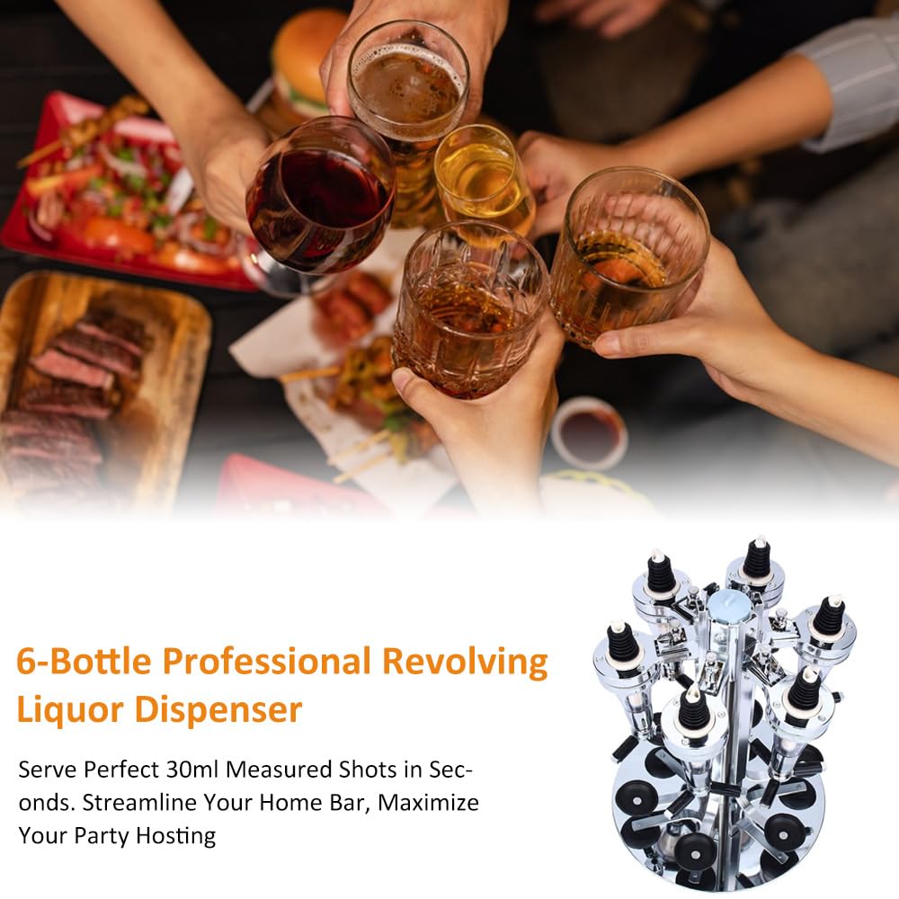 Liquor Dispenser, Alcohol Bar Rotating Liquor Holder Stainless Steel 6 Bottle Professional Revolving Liquor Dispenser