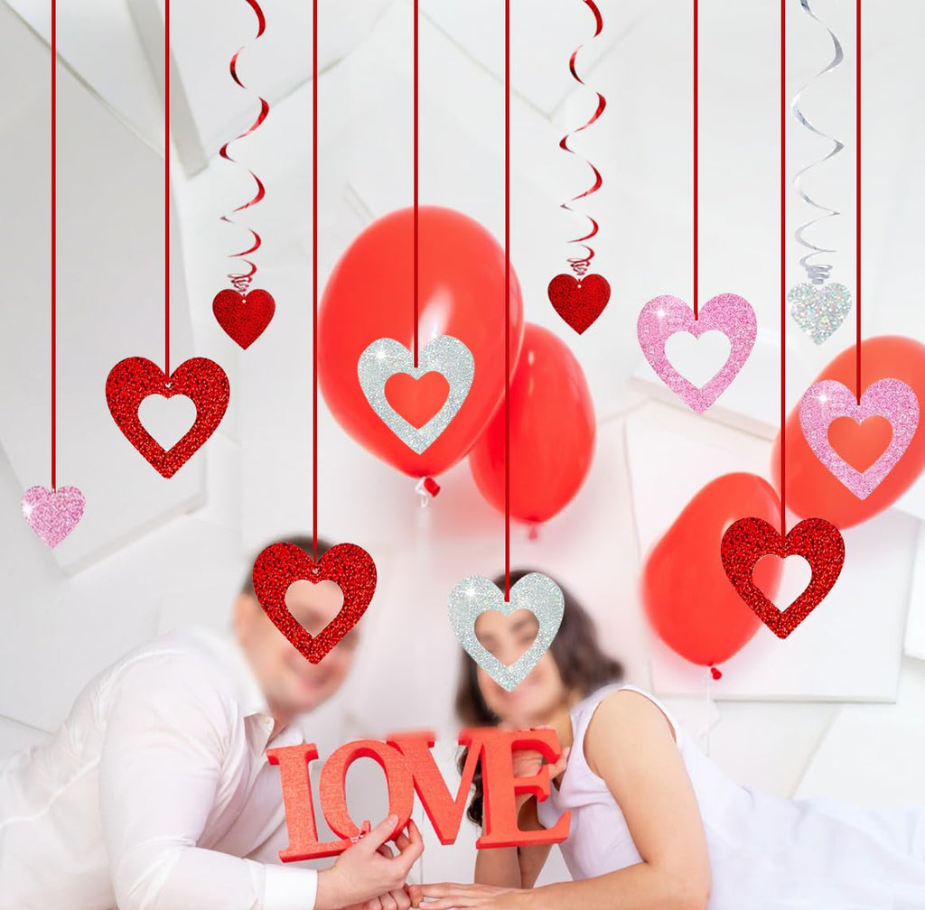 48 Pcs Valentine's Day Decorations Glitter Heart Hanging Swirls,Hanging Love Heart Swirls Wedding Party Supplies Decorations, Anniversary, Ceiling Decor.
