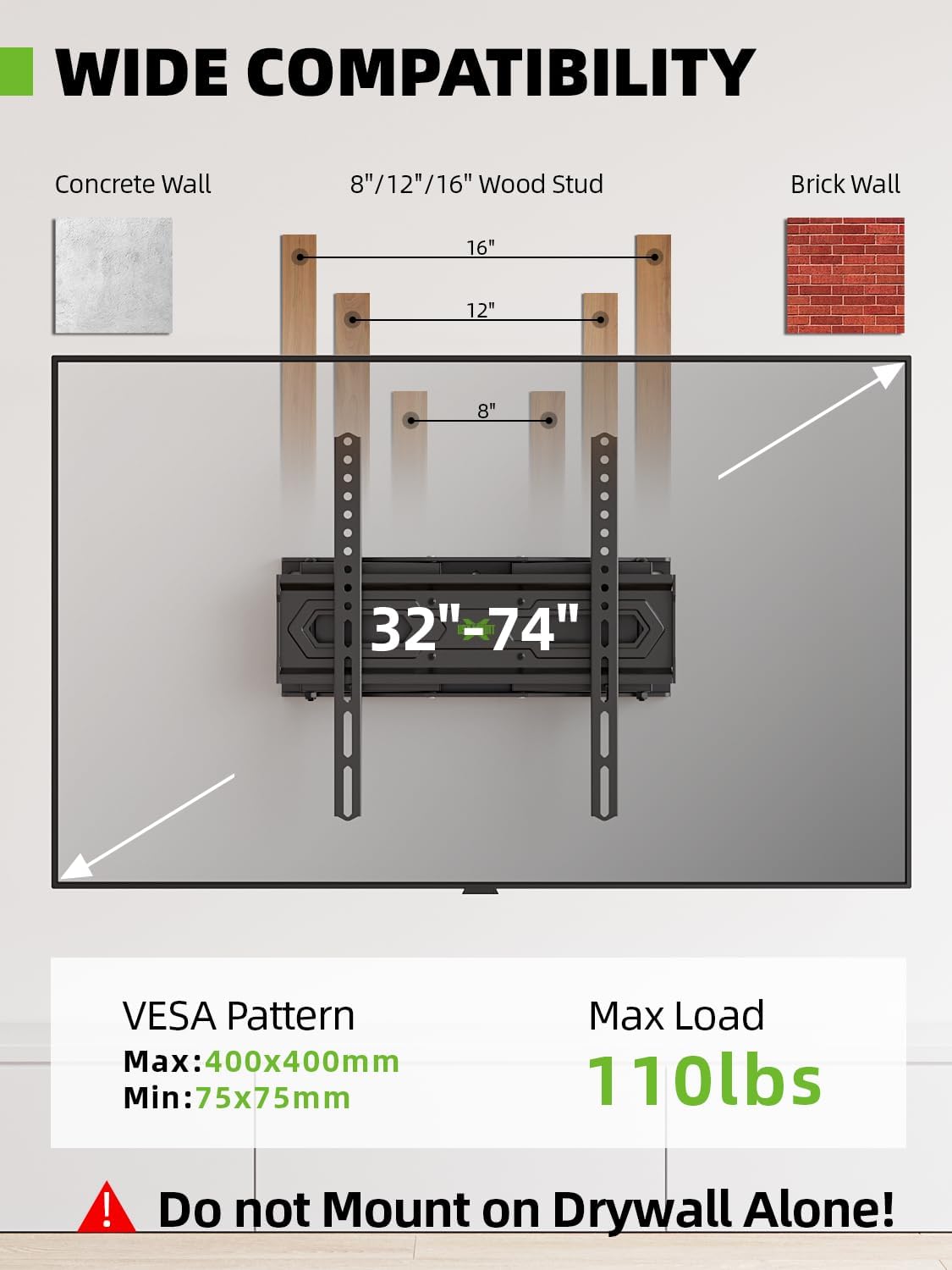 USX MOUNT Full Motion TV Wall Mount for 32-74 Inch Flat Screen | Swivel & Tilt Dual Arms, Max VESA 400x400mm