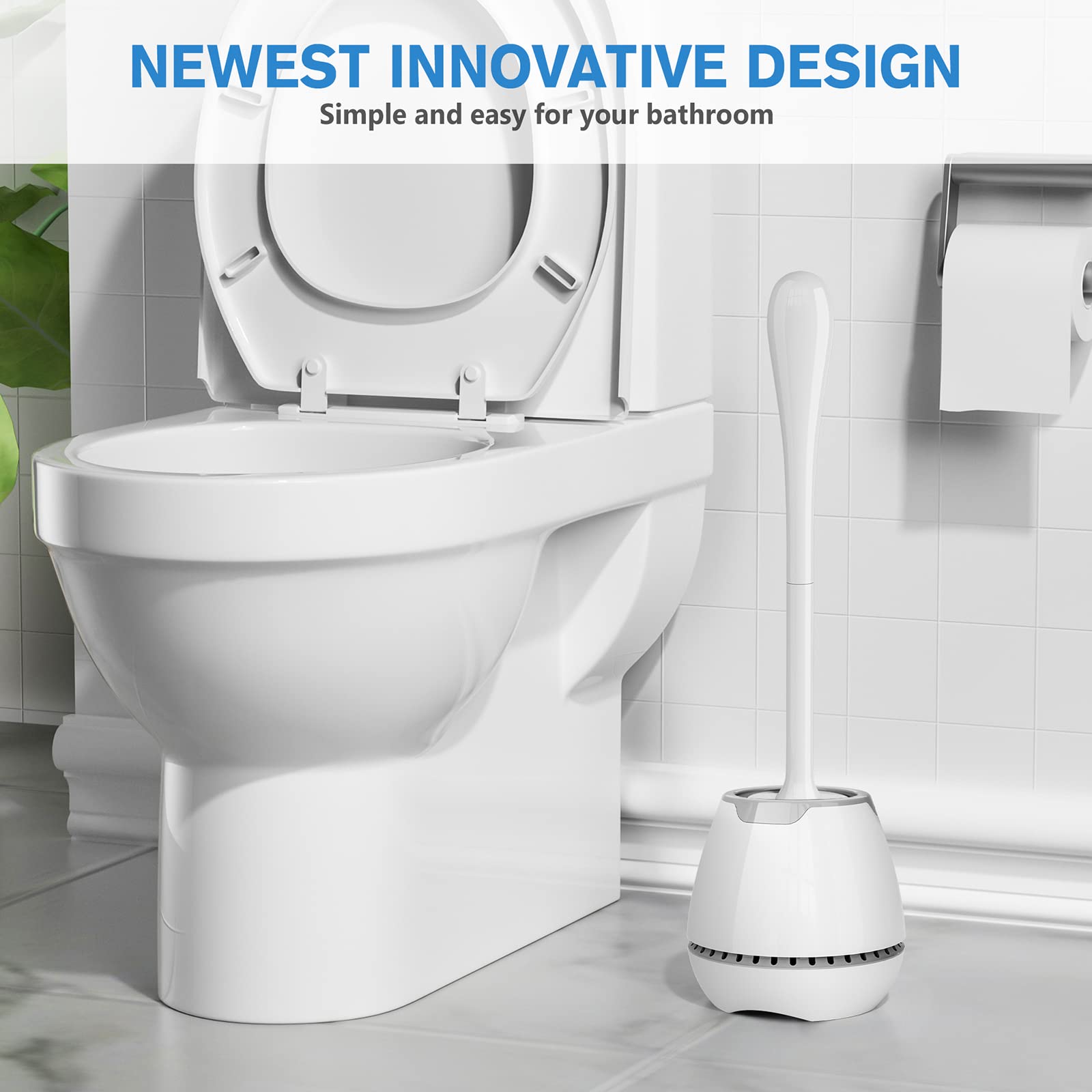 Toilet Brush and Holder, Toilet Bowl Brush with Ventilated Holder and Ergonomic Long Handle, Durable Bristles Toilet Scrubber Set for Bathroom Cleaning