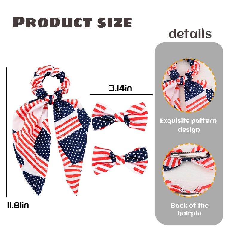 American Flag Hair Accessories Set 4th of July Bow Scrunchie Clips
