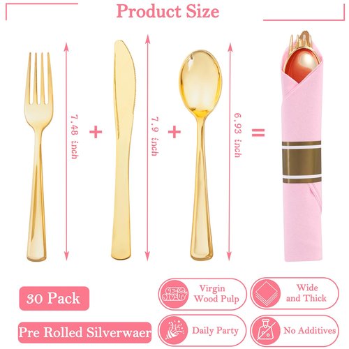 Supernal Gold Plastic Silverware Set with Pre Rolled Pink Napkin-Disposable Cutlery with Pink Linen Napkin Gold, Wrapped Plastic Silverware Heavy Duty Suit for Birthdays, Parties, Weddings 30Packs