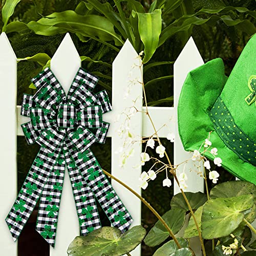 St Patrick's Day Burlap Ribbon 2.5" x 10 Yards - Black White Plaid with Green Glitter Shamrocks