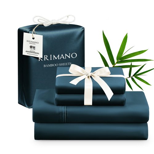 KRIMANO Queen Size Sheet Set, Bamboo Sheets for Bed Set 4pcs, 100% Organic Viscose Derived from Bamboo, Hotel Luxury Silky & Cooling for Hot Sleepers, Deep Pocket Up to 17", Navy Blue