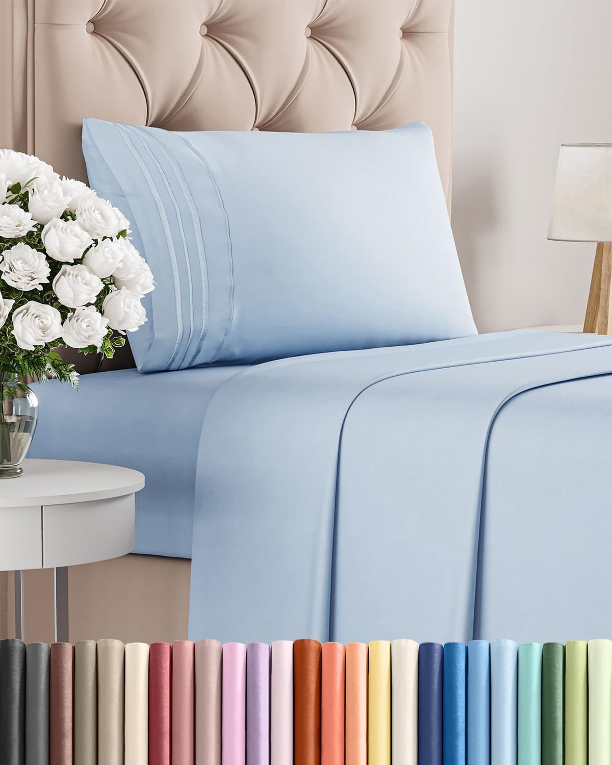 Skiennix Twin Size 3-Piece Sheet Set - Ultra-Soft Cooling Bed Sheets - Deep Pockets, Wrinkle-Free, Sky Blue