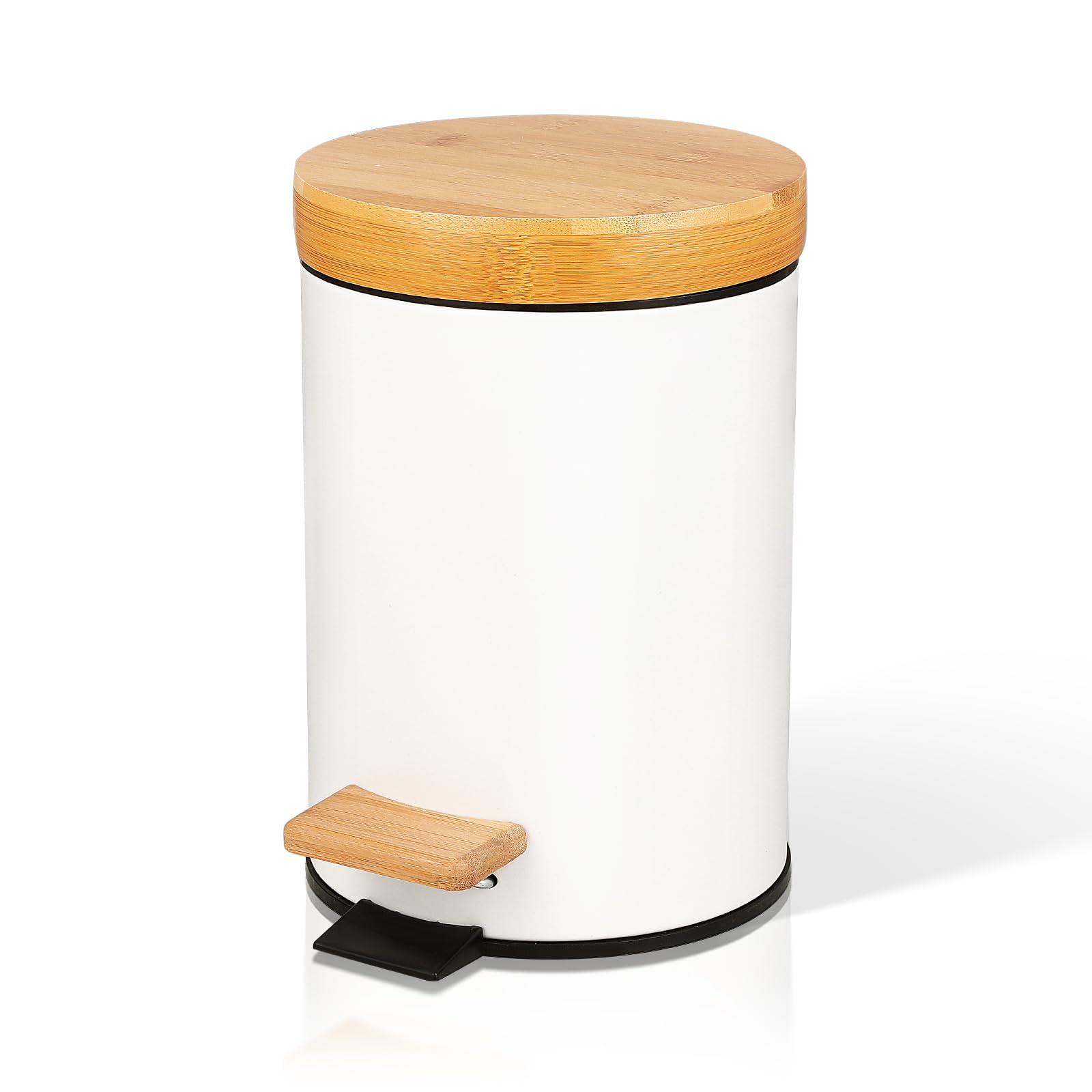 ODJSY Small Bathroom Trash Can with Natural Bamboo Lid Soft Close，3 Liter / 0.8 GallonStainless Steel Garbage Can with Removable Inner Bucket andStep Pedal（White）