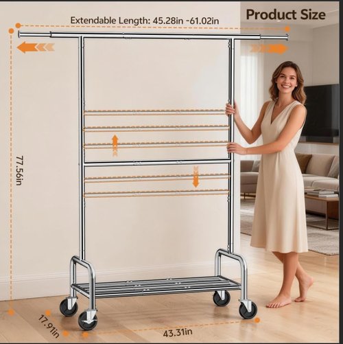 Heavy Duty Clothes Rack Load 660 LBS , Rolling Garment Rack with Lockable Wheels, Double Rod Extendable Clothing Rack with Adjustable Middle Rod & Storage Shelf for Bedroom, Laundry, Closet (Silver)