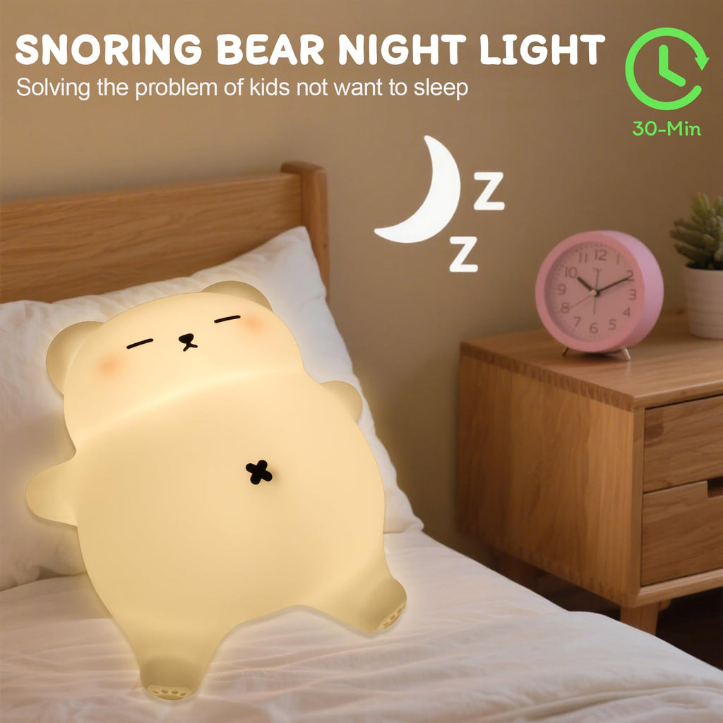 MAGOHMT Squishy Night Light for Kids, Bear Silicone Night Light - Rechargeable with Soothing Snore Sounds & Moving Tummy, 3-Level Dimming Touch Control
