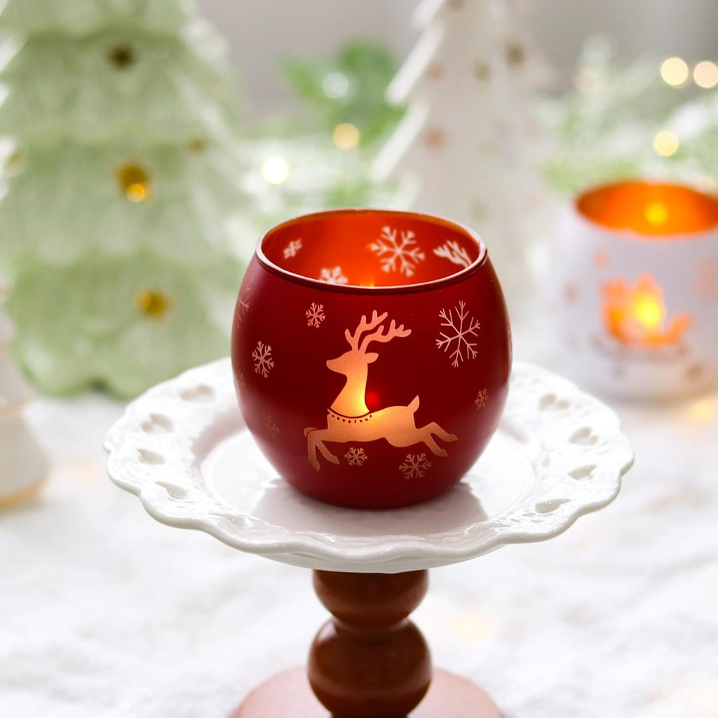 Skiennix Christmas Candle Holders - Set of 4 Frosted Glass Tealight Votive Holders | Winter Holiday Decor (Red, Green, White)