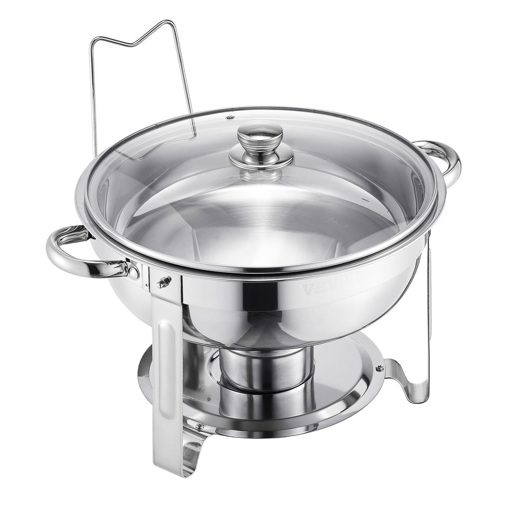 VEVOR Chafing Dish Buffet Set,5 Qt 2 Pack,Stainless Steel Chafer with 2 Full Size Pan,Round Catering Warmer Server with Glass Lid Water Pan Folding Stand Fuel Holder, for Wedding Party Banquet, Silver
