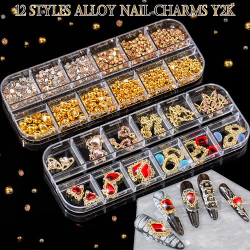 Ftimda Gold Nail Charms & Gems Kit - 3D Metal Art Rhinestones
