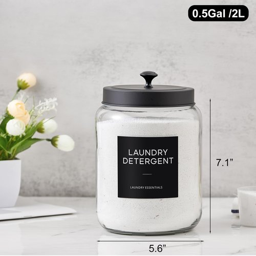 Glass Jars Laundry Containers with Lid, 0.5 Gallon Laundry Organization and Storage Jars, Laundry Detergent Container Laundry Powder Pods Holder, Glass Jar Wide Mouth with Scoops, Labels, 4 Pack