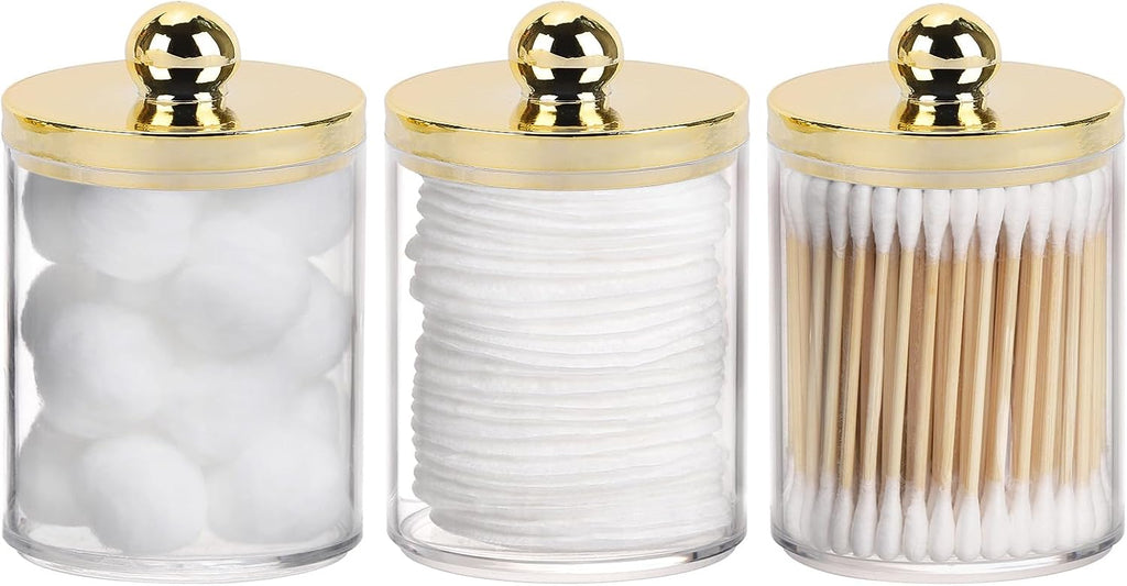 Tbestmax Q-Tips Holder - Elegant Plastic Apothecary Jar with Gold Lid for Cotton Swabs & Pads - 10oz