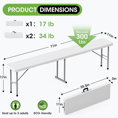 HLPB Folding Bench - 6 Ft Portable Plastic Table with Handle for Indoor/Outdoor Use | 2 Pack, White