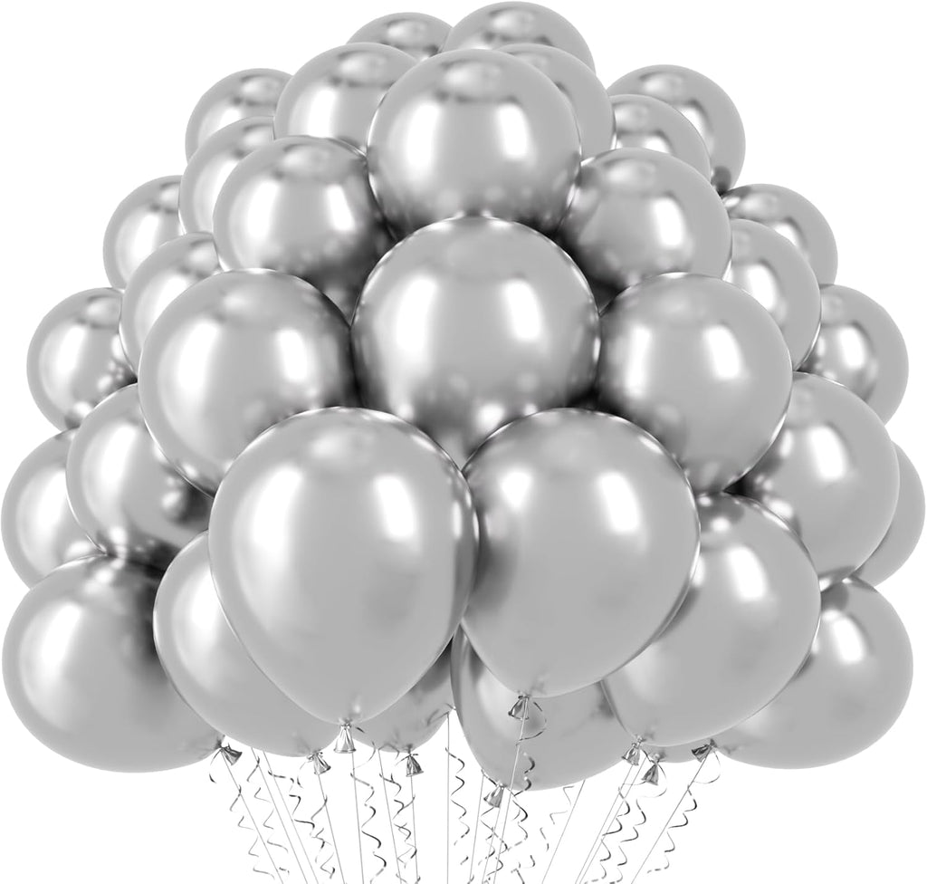 Voircoloria 110pcs Metallic Silver Balloons - 12 Inch Chrome Latex for Weddings, Birthdays & Celebrations