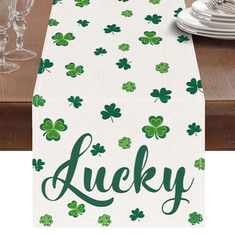 St. Patrick's Day Table Runner - 72x13 Inch Shamrock Linen Decor
