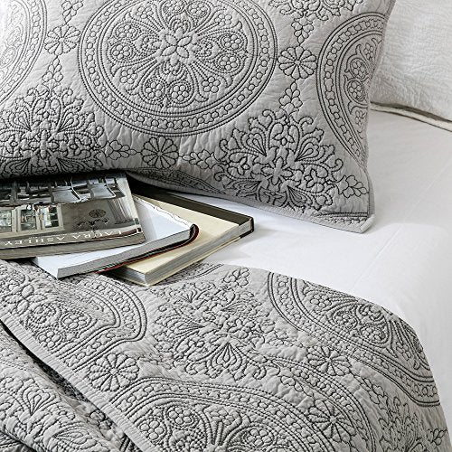 King Pillow Sham - 100% Cotton Medallion Embroidered, Gray, 20'' x 36''