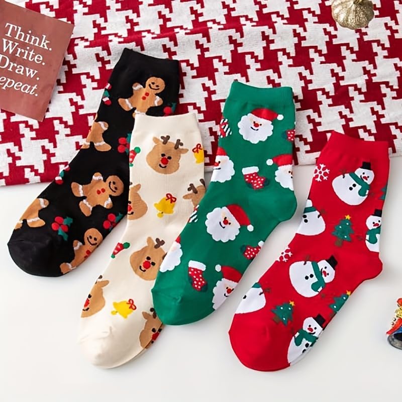 Skiennix Funny Socks - Cozy Cute Printed Santa Design - 4 Pairs for Women & Men