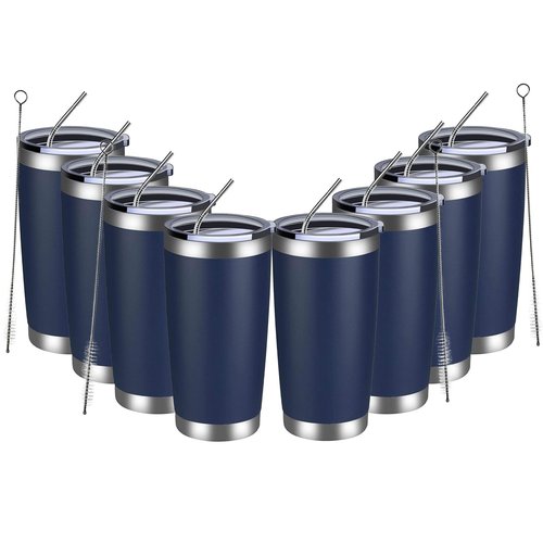 MEWAY 20oz Tumbler 8 Pack Double Wall Vacuum Insulated Travel Mug Bulk, Stainless Steel Tumblers with Lid and Straw, Durable Powder Coated Coffee Cups for Cold & Hot Drinks (Navy, 8)