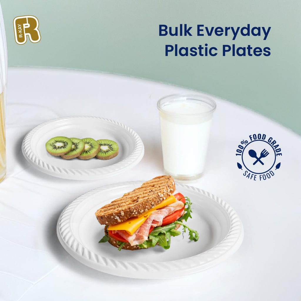R-kay 100 Pack 9 Inch Plastic Plates Disposable - Heavy Duty 9 Inch White Disposable Plates - Microwavable Disposable Plastic Plates